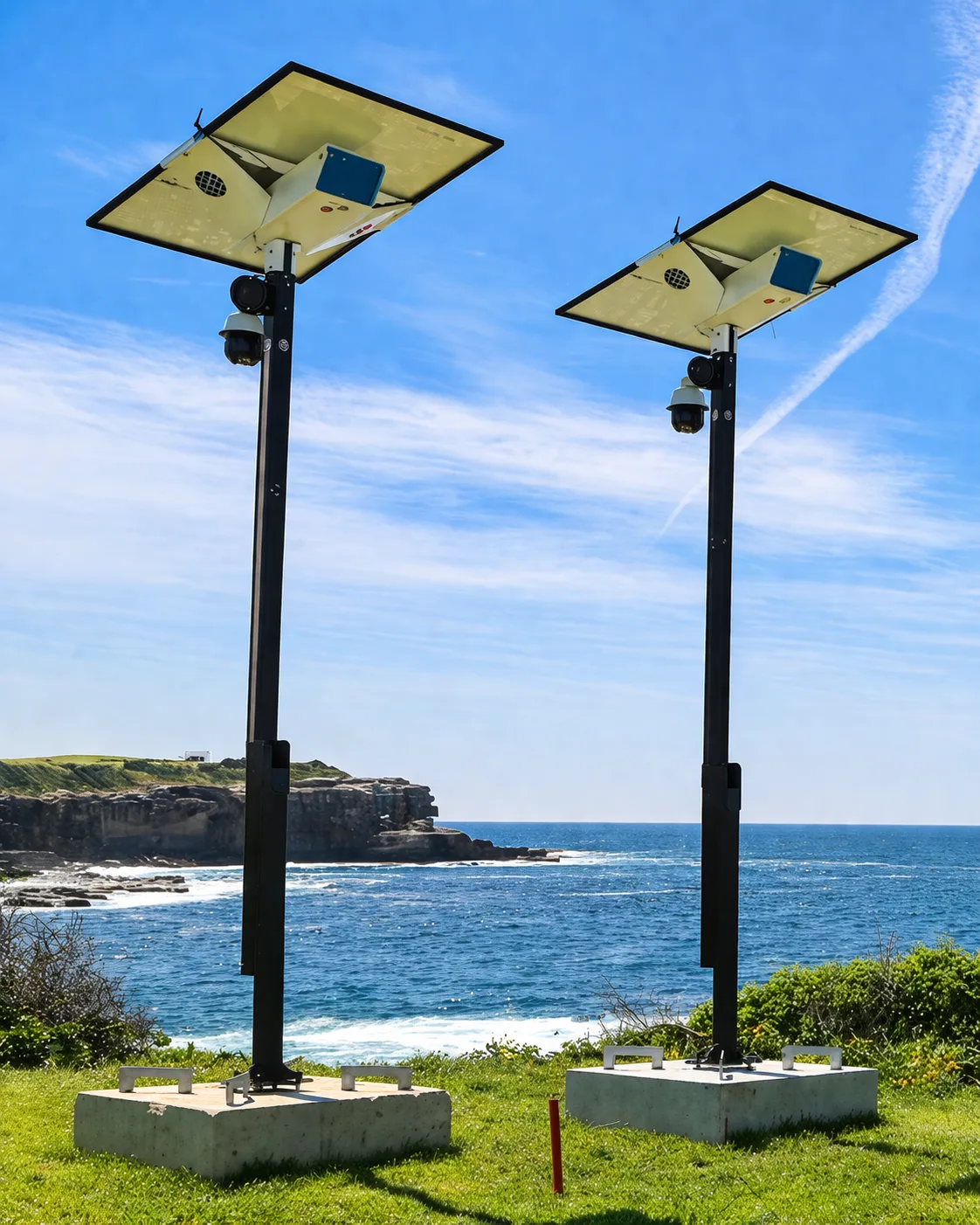 Two SAIL camera poles with solar panels beside the coast.