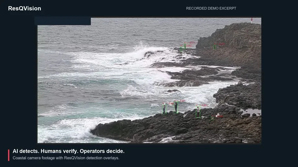 Recorded coastal footage with coloured detection boxes around people on a rock platform.