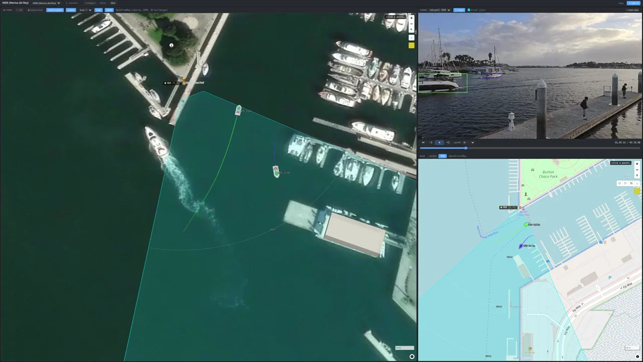 Recorded harbour footage, vessel tracks and a map of Marina del Rey.