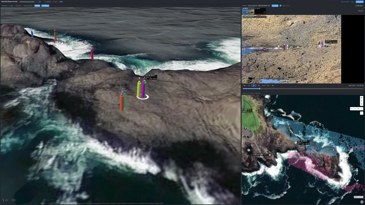 ResQTwin development recording with coastal footage, tracked people, a map and a shared 3D scene at Kiama.