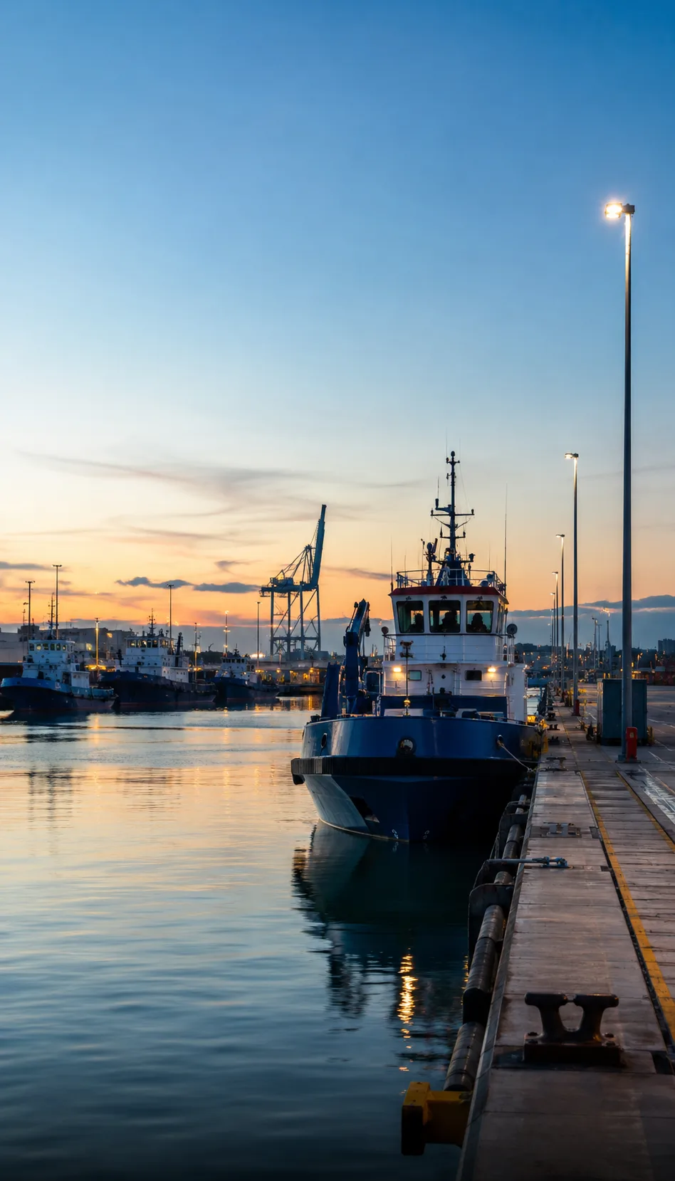 Generated illustration of vessels alongside a port wharf at dusk.